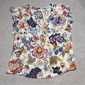 Cynthia Rowley Colorful Floral V neck Ruffle Sleeve Blouse Size 2X Cream Cute